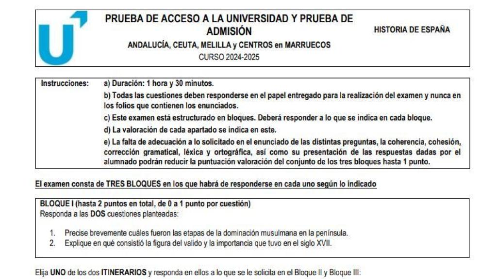 Este es el examen de Historia de España que ha caído en la Selectividad de Andalucía 2025