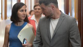La portavoz de Podemos en el Congreso, Ione Belarra, y el portavoz de ERC en el Congreso, Gabriel Rufián, a su llegada a una reunión de la Junta de Portavoces en el Congreso de los Diputados.