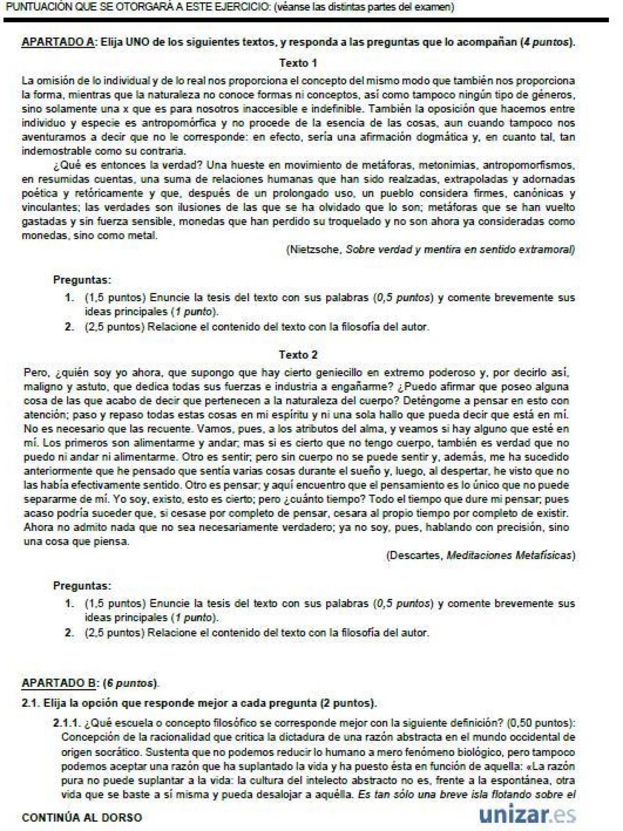 Primera parte del examen de Historia de la Filosofía de la PAU 2025 en Aragón