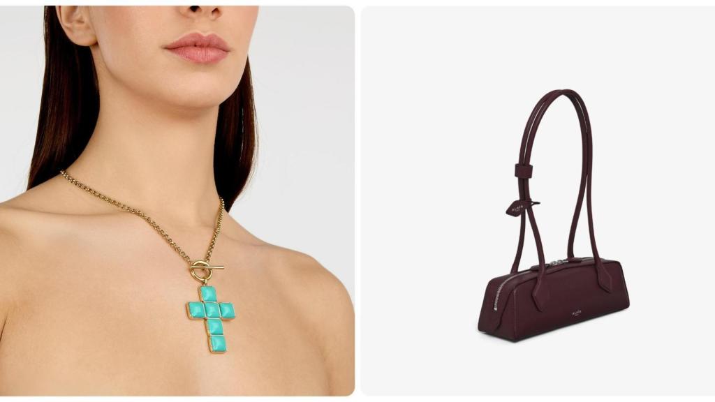 Collar turquesa en forma de T de Chiara Ferragni Brand y bolso Le Teckel de la Alaïa.