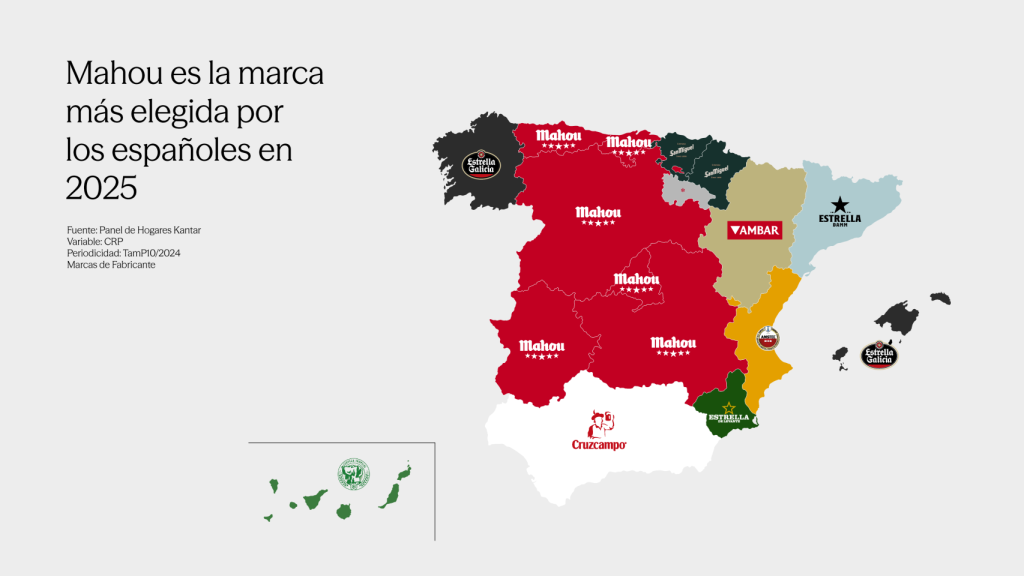 El mapa con las cervezas preferidas en cada región de España, según el estudio de Kantar.