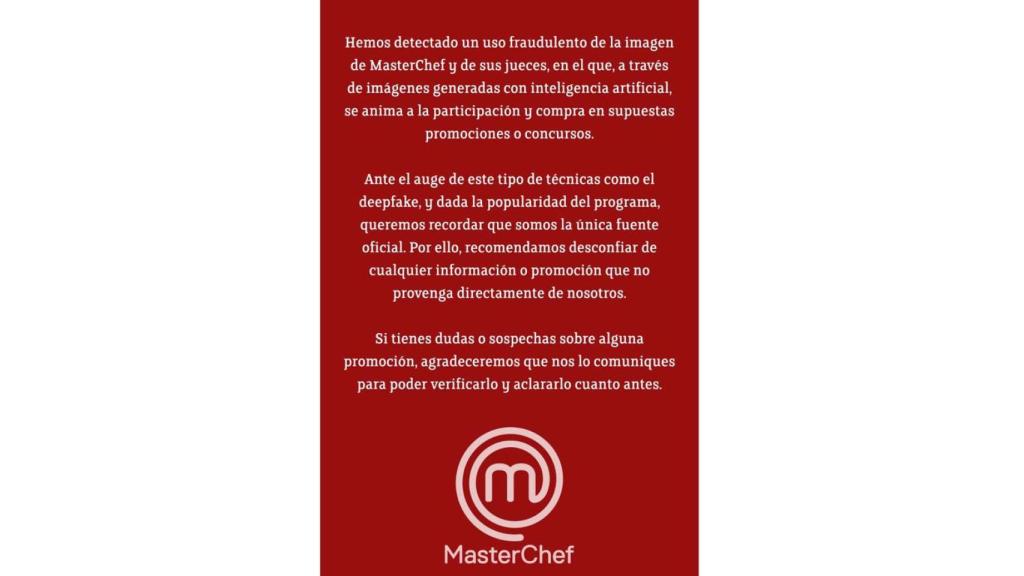 Imagen del comunicado de 'MasterChef'.