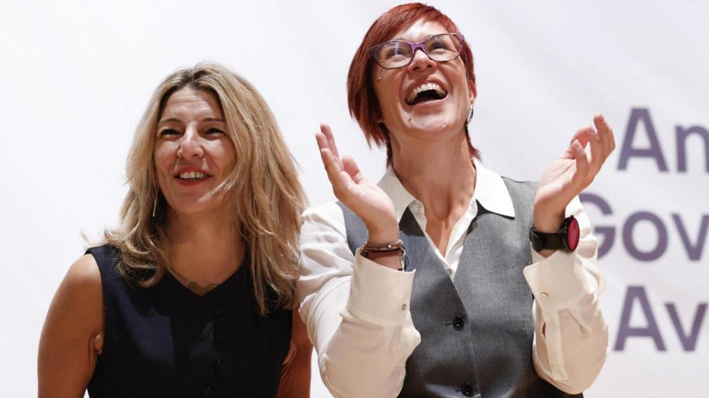 Yolanda Díaz y Àgueda Micó, en un mitin de Compromís-Sumar. Biel Aliño / EFE