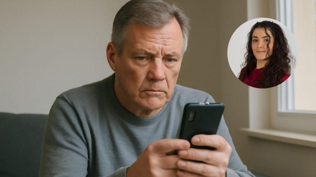 Montaje con un hombre viendo un vídeo en Internet y María Aperador, experta en ciberseguridad.