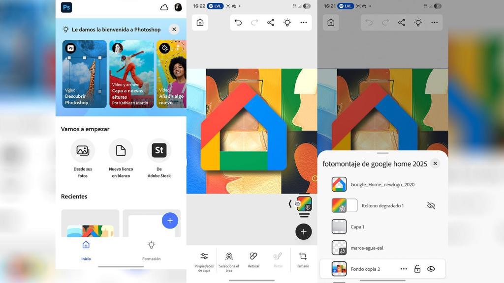 La interfaz de Adobe Photoshop en Android