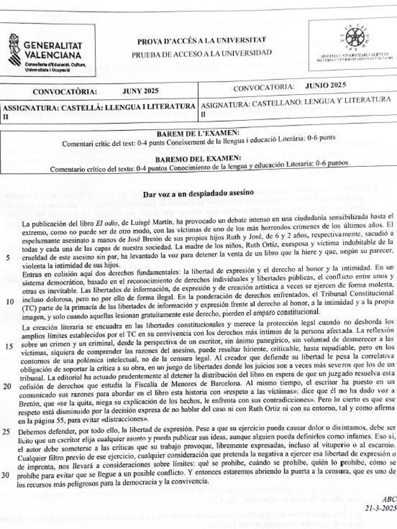 Examen PAU Comunidad Valenciana