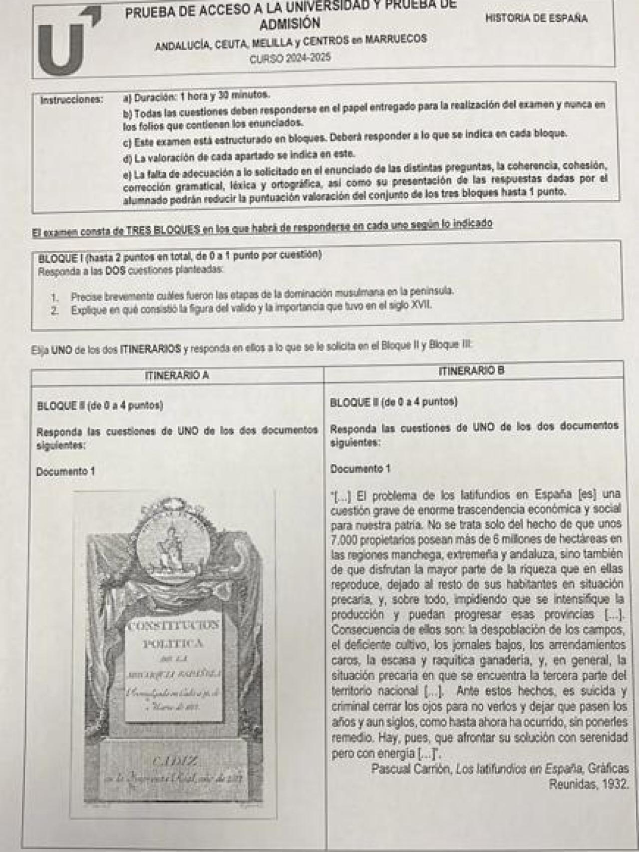 Examen PAU Historia de España en Andalucía