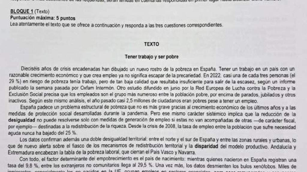 Examen de Lengua Castellana en la PAU 2025.