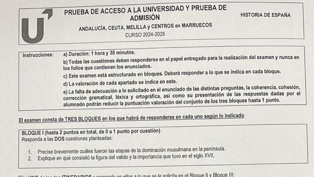 Examen de Historia de España de la PAU 2025.