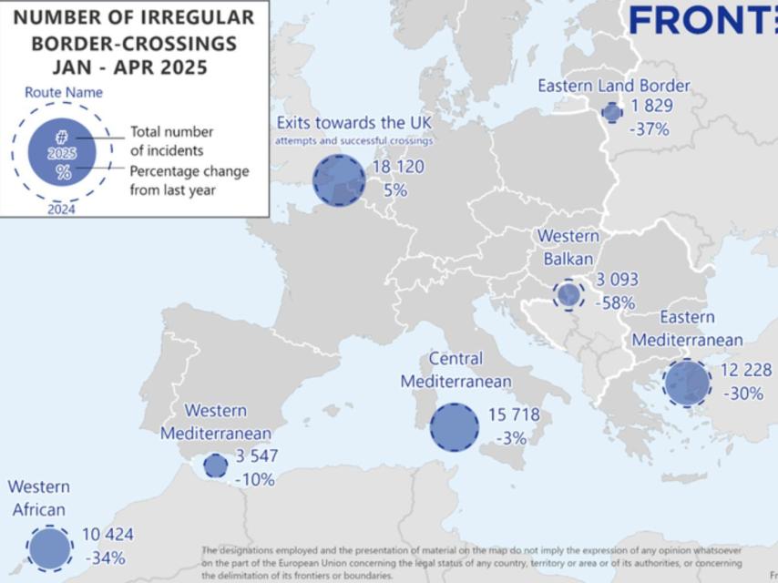 Numero de entradas irregulares en la UE durante los primeros 4 meses de 2025