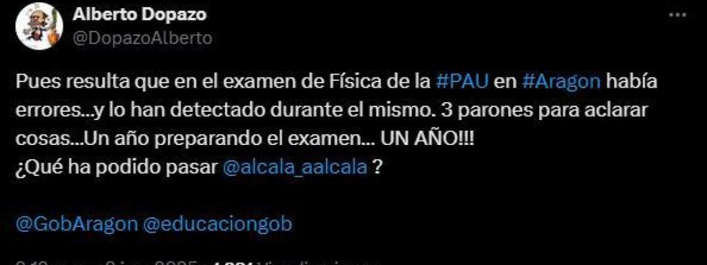 Algunos de los mensajes en X sobre el examen de Física de la PAU 2025 en Aragón