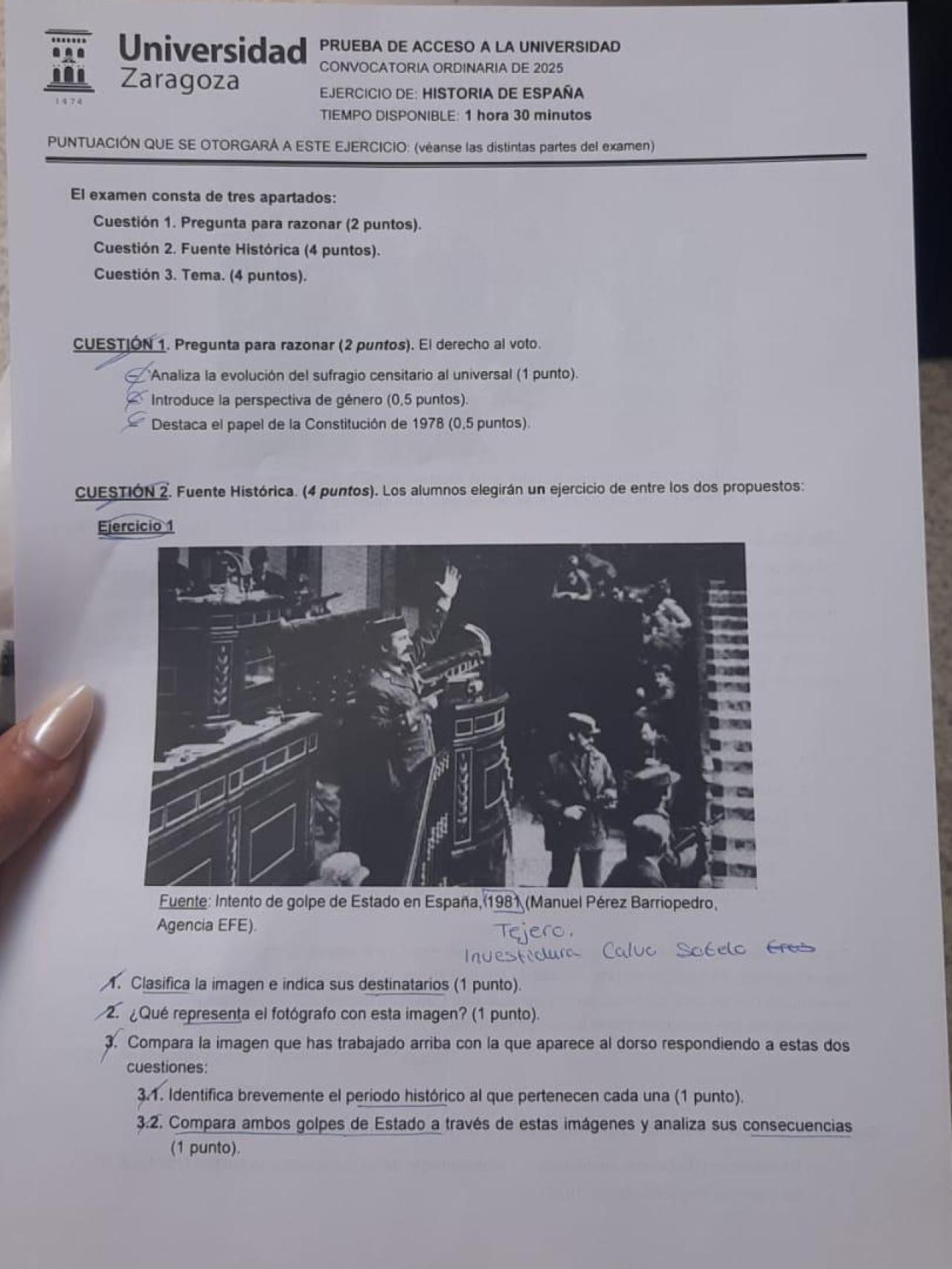 Primera parte del examen de Historia de España de la PAU 2025 en Aragón