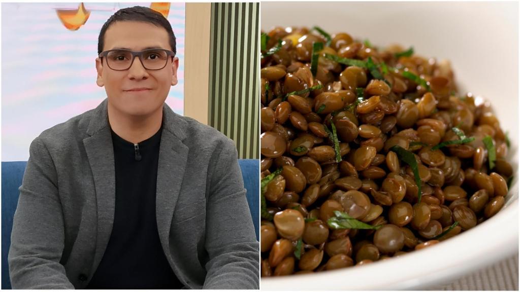 Foto de William Arias junto a un plato de lentejas.