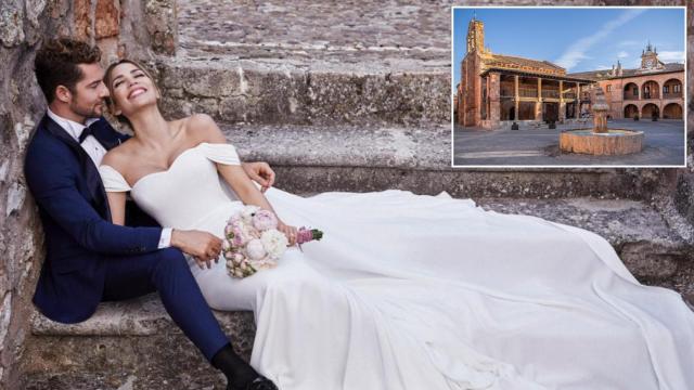David Bisbal y Rosanna Zanetti en su boda junto a una imagen de la Plaza Mayor de Ayllón