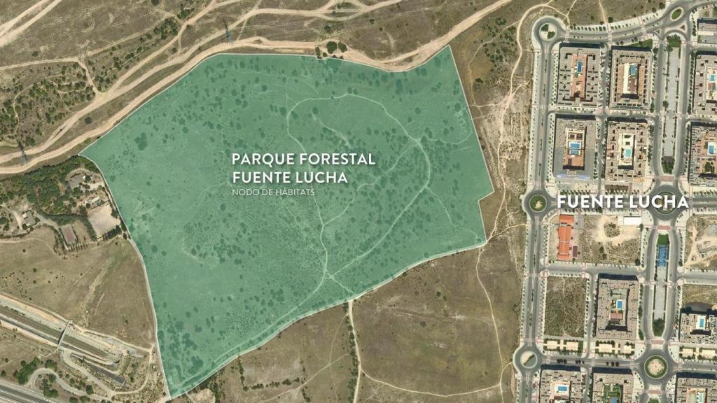Ubicación de los terrenos en los que se desarrollará el proyecto de Parque Forestal Fuente Lucha Nodo de Hábitats en Alcobendas.