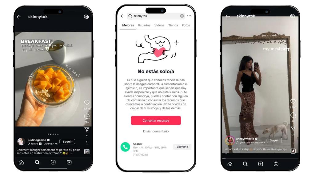 Capturas del hashtag SkinnyTok en TikTok e instagram