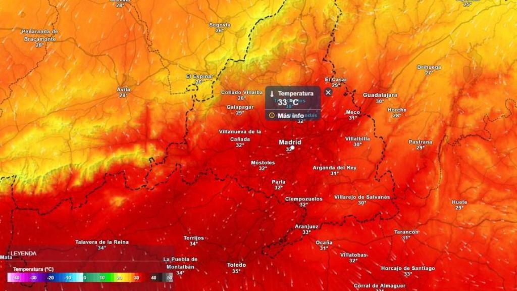 Mapa de temperaturas de la Comunidad de Madrid.