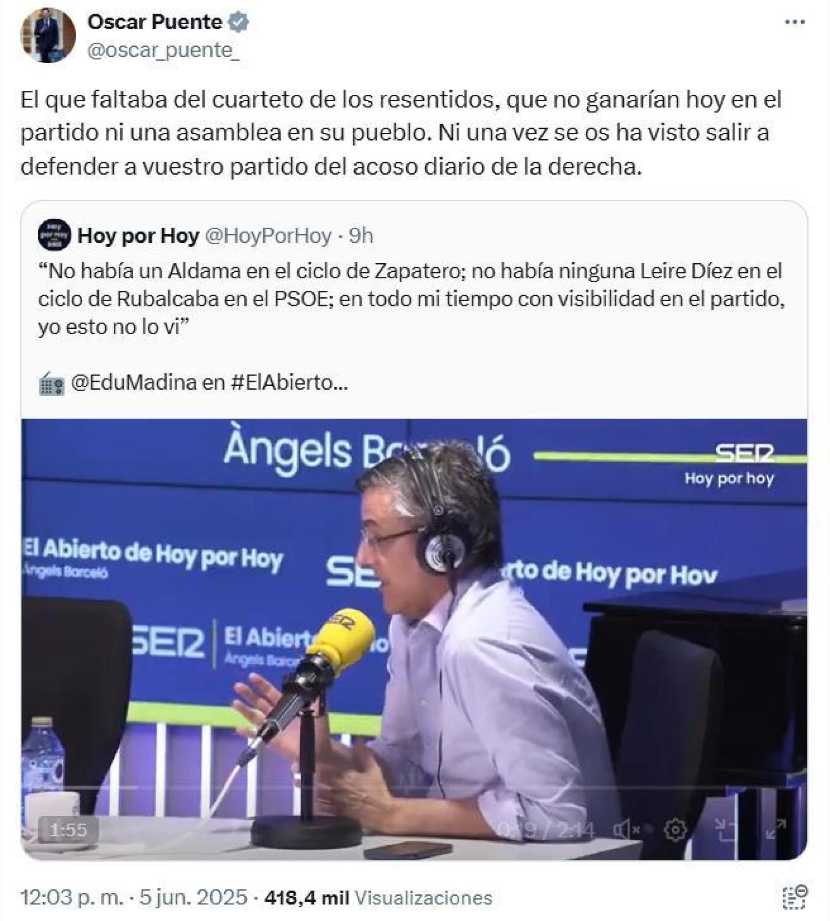 El mensaje publicado este jueves por el ministro Óscar Puente en la red social X.