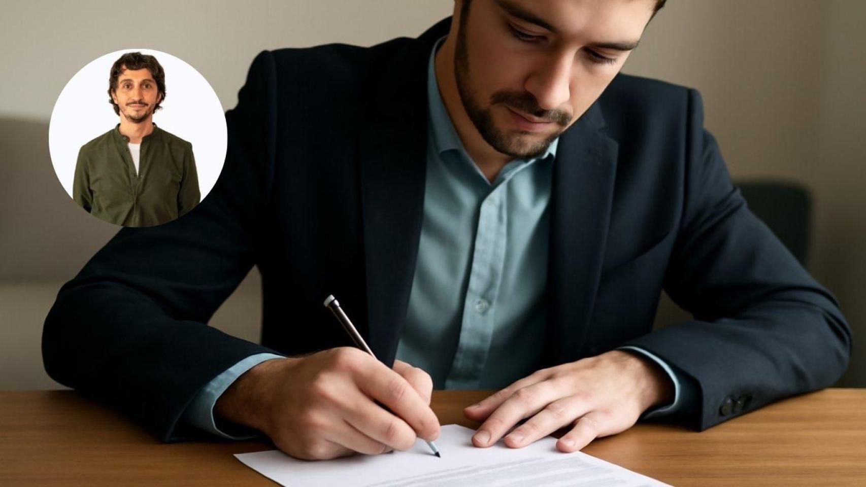 Montaje con una persona firmando su hipoteca y Ricard Garriga, experto hipotecario.