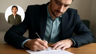 Montaje con una persona firmando su hipoteca y Ricard Garriga, experto hipotecario.