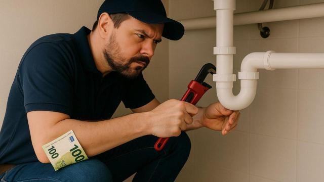 Un fontanero arreglando una tubería.