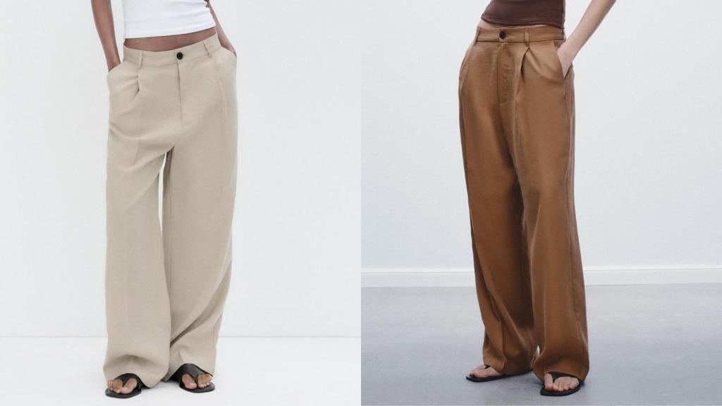 Pantalón Pliegue de Zara en color beige y caramelo.