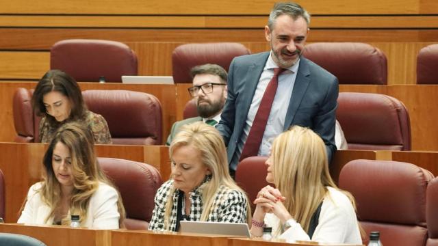 El portavoz del Grupo Parlamentario Vox en las Cortes de Castilla y León, David Hierro, de pie en el hemiciclo junto algunos de los procuradores de su partido