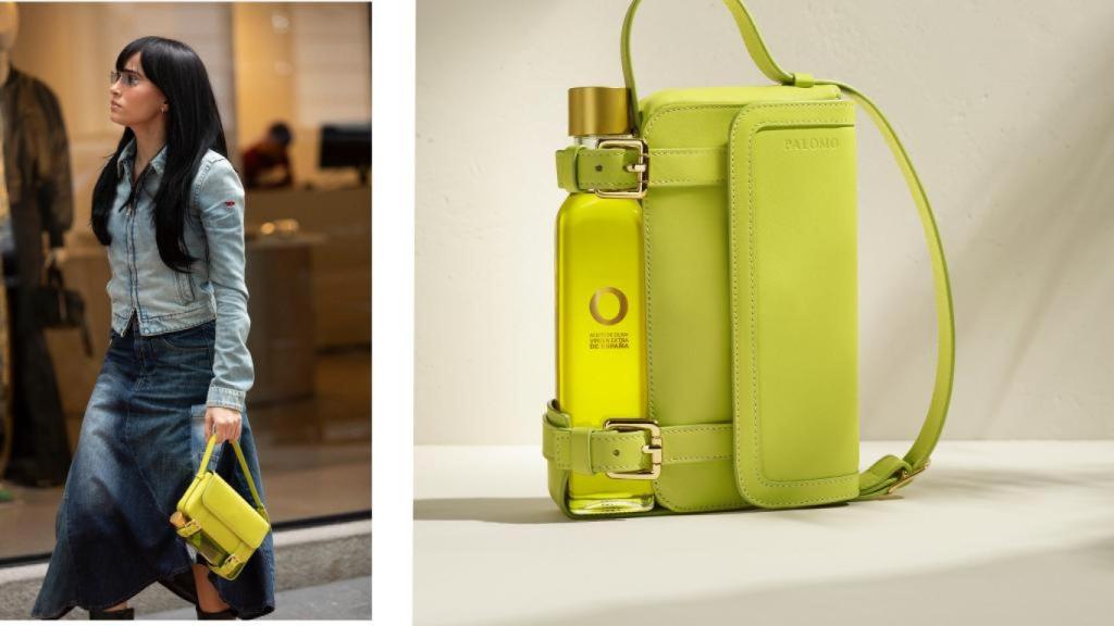 Aitana y el bolso de Palomo Spain con el que lleva su AOVE siempre a mano.