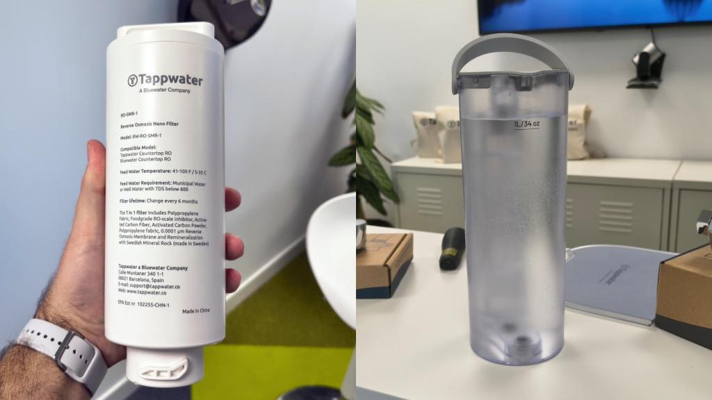 El filtro de ósmosis (izqda) y la jarra extraíble de 1 litro (dcha) de Countertop RO SMR.