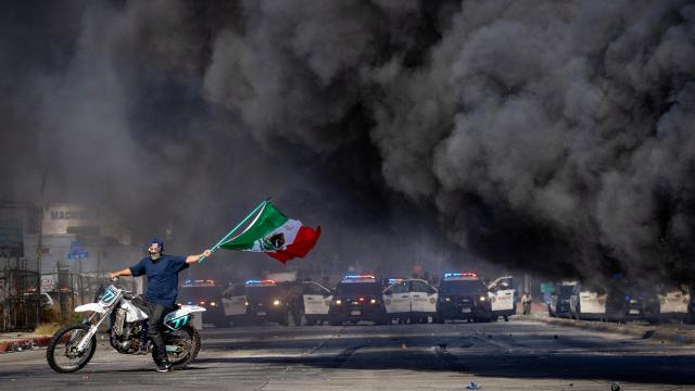 Un manifestante enarbola la bandera mexicana frente a una línea de policías durante las protestas contra las redadas del Servicio de Inmigración y Control de Aduanas (ICE) en Los Ángeles.