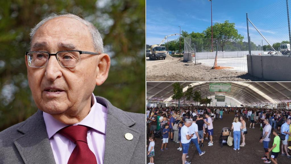José Luis Bellido junto a una imagen de las obras en el nuevo recinto ferial y el antiguo durante las fiestas de 2024