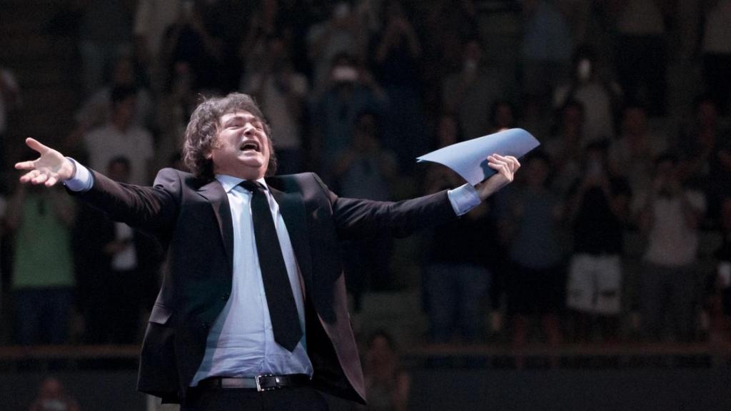 El presidente de Argentina, Javier Milei, este domingo durante su ponencia en el Madrid Economic Forum.