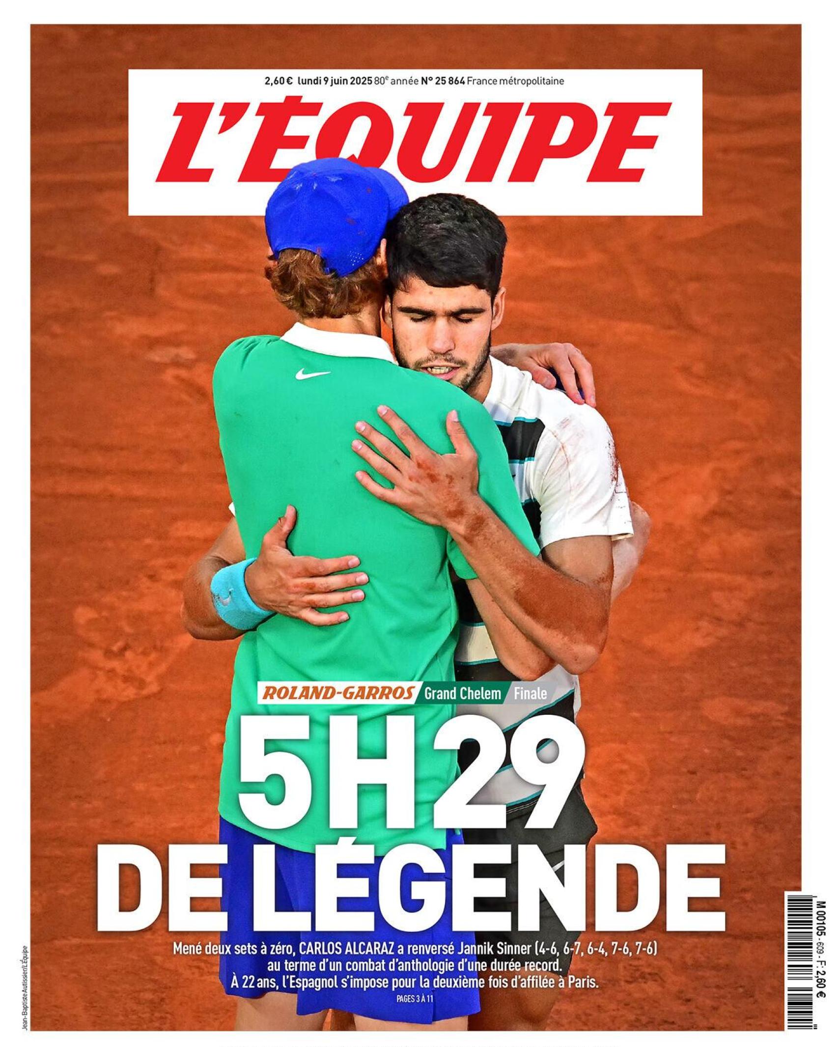 La portada de L'Équipe tras la victoria de Alcaraz en Roland Garros