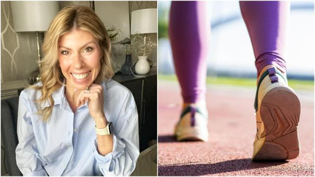 Montaje de Katie Penland junto a la imagen de una mujer caminando al aire libre.