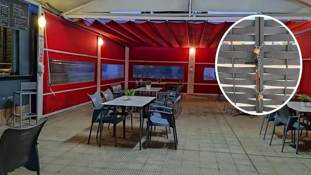 Imagen de la terraza del Restaurante DH, en las piscinas de Morales del Vino, y de la puerta de acceso con el candado y las cadenas colocadas