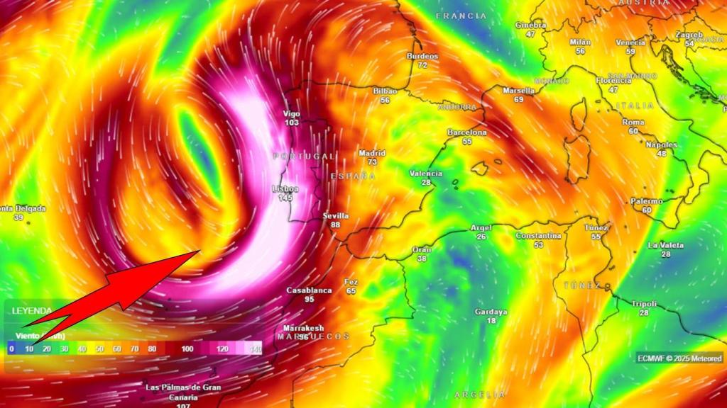 El centro de la DANA se situará frente a las costas del oeste peninsular. Meteored.