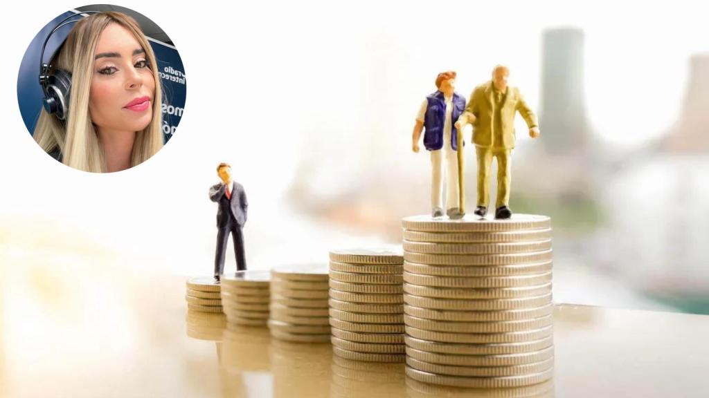 Gisela Turazzini junto a una representación del sistema de pensiones.