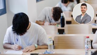 Unos estudiantes haciendo la PAU en Madrid y el experto en alquiler Nacho Sanz.