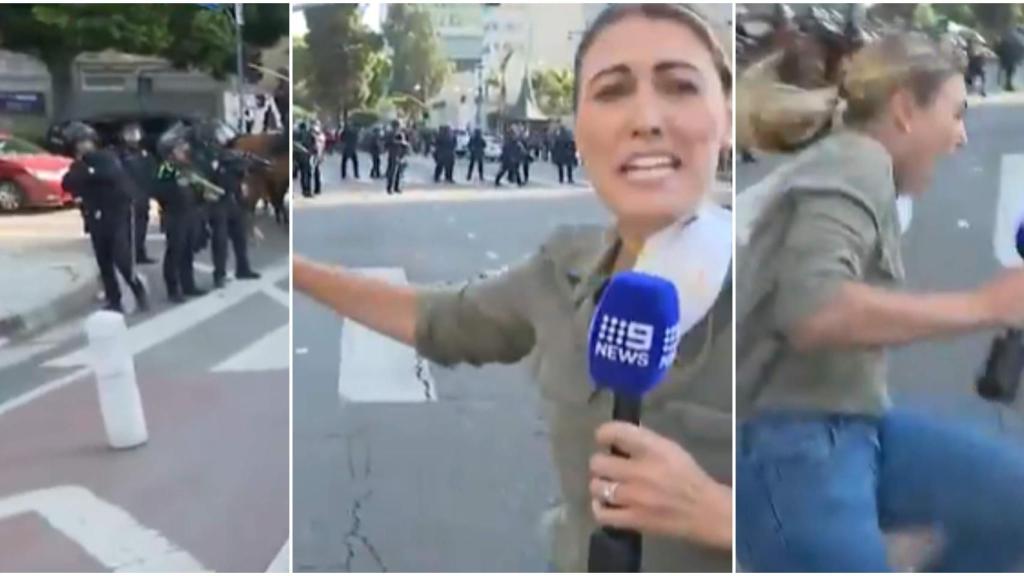 El momento en el que una periodista recibe un disparo de bala de goma durante la protesta contra Trump en Los Ángeles