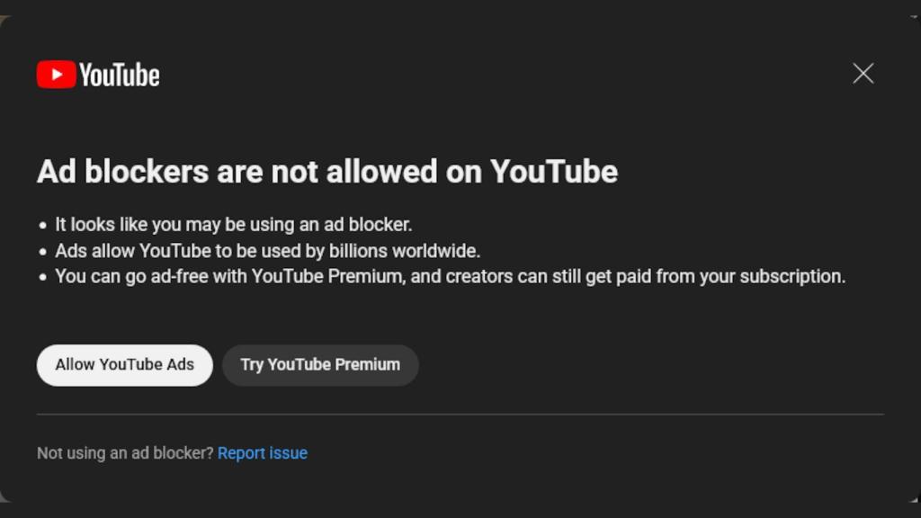 El mensaje que aparece con un bloqueador de anuncios en YouTube