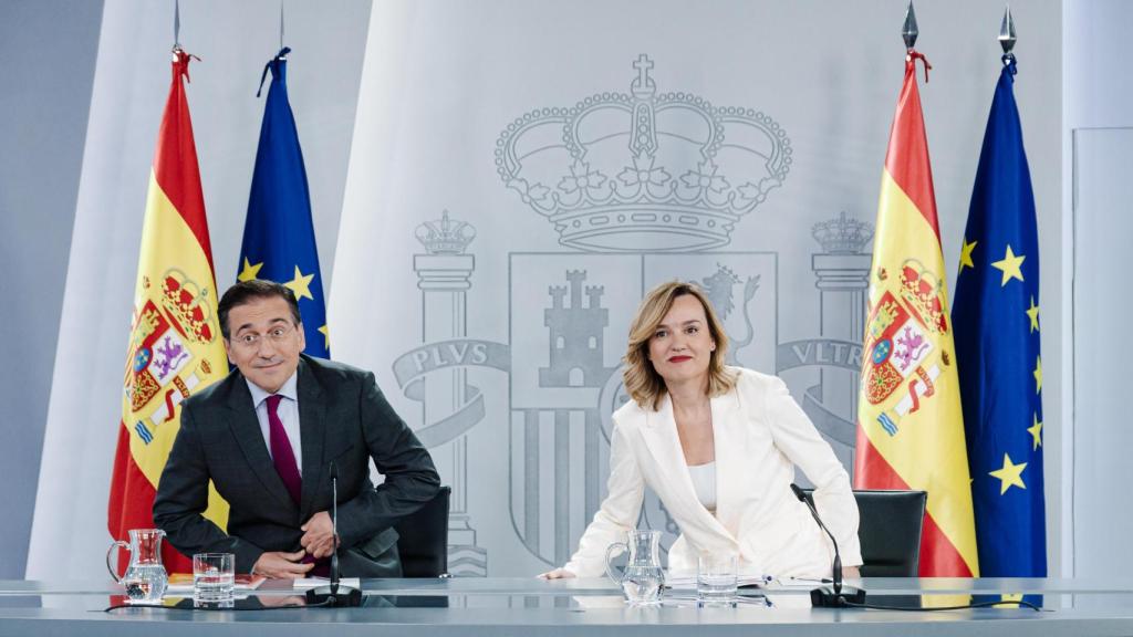 Pilar Alegría y José Manuel Albares este martes en rueda de prensa.
