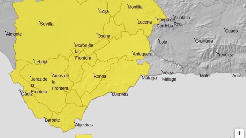 Mapa con el aviso amarillo por tormentas en la provincia de Málaga.