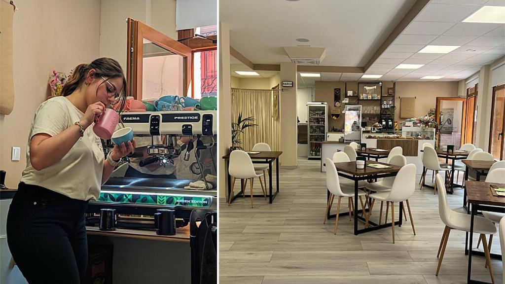 Sofía preparando un café y el interior de su negocio