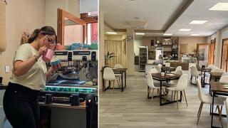 Sofía preparando un café y el interior de su negocio