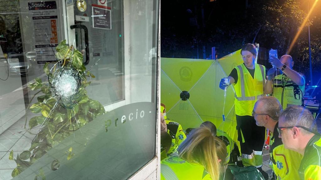 El impacto de bala en la tintorería y Samur socorriendo a Fabián.