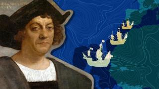 'Retrato de hombre', supuestamente Colón, realizado por Sebastiano del Piombo en 1519. Al fondo, diseño de Rubén Vique.