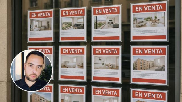 Montaje con vidriera de una agencia inmobiliaria con Alex Tómas, experto inmobiliario.
