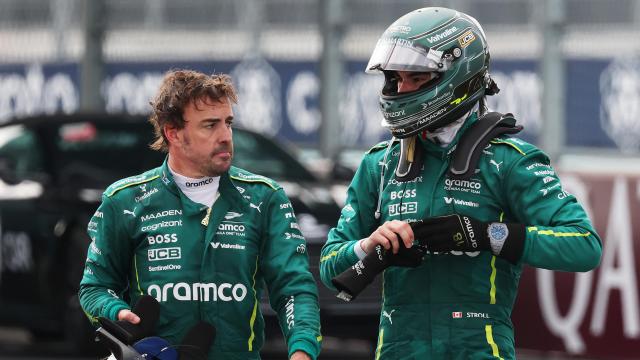 Fernando Alonso y Lance Stroll durante el GP de Miami.