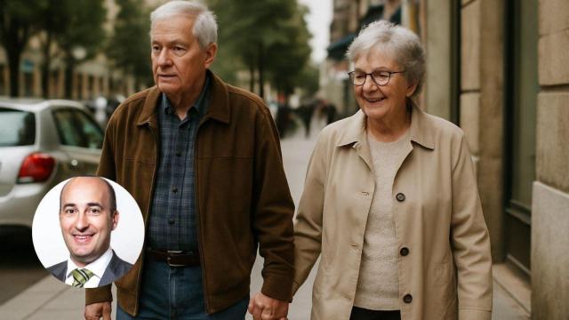 Montaje con dos personas caminando de la mano y Javier Fernández, asesor financiero.