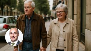 Montaje con dos personas caminando de la mano y Javier Fernández, asesor financiero.